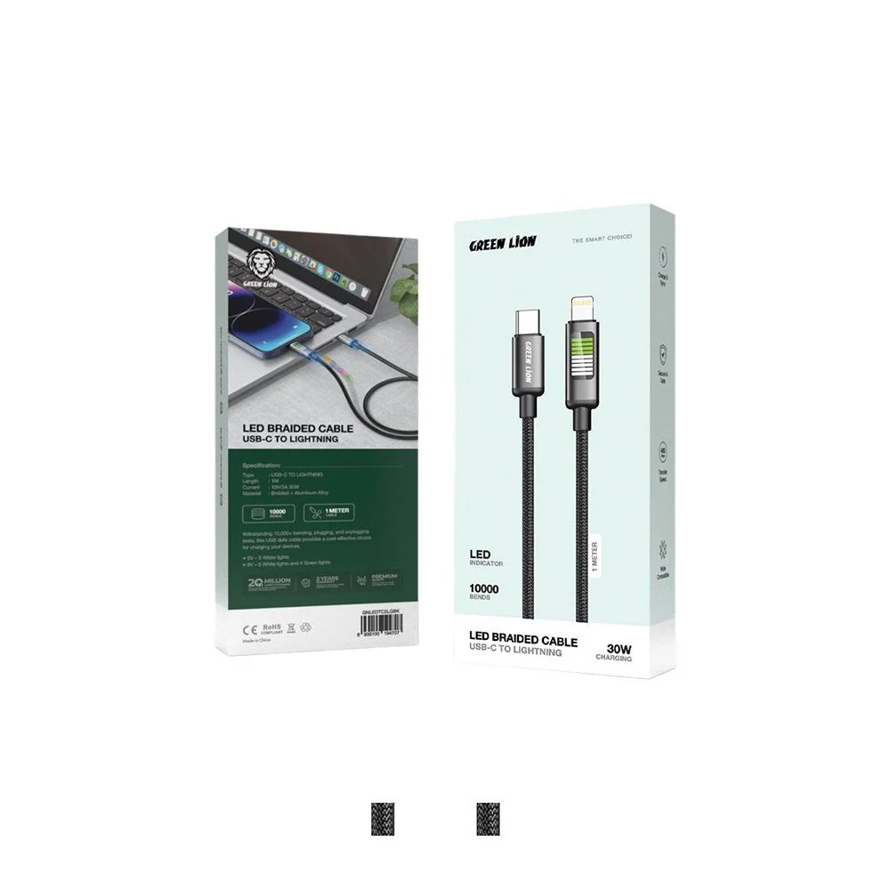 Green Lion USB-C to Lightning LED Charging Cable, 480Mbps Data Transfer Speed, 20V/3A (60W) Power Delivery, Braided + Aluminum Alloy, 1m Length, LED Indicator, 10,000 Bends Lifespan, Black - Image 3