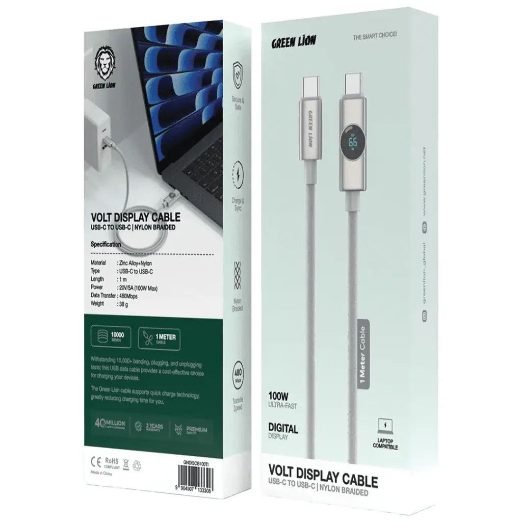 Green Lion Volt Display USB-C to USB-C Nylon Braided Cable 1m Length, 100W - Titanium - Image 4