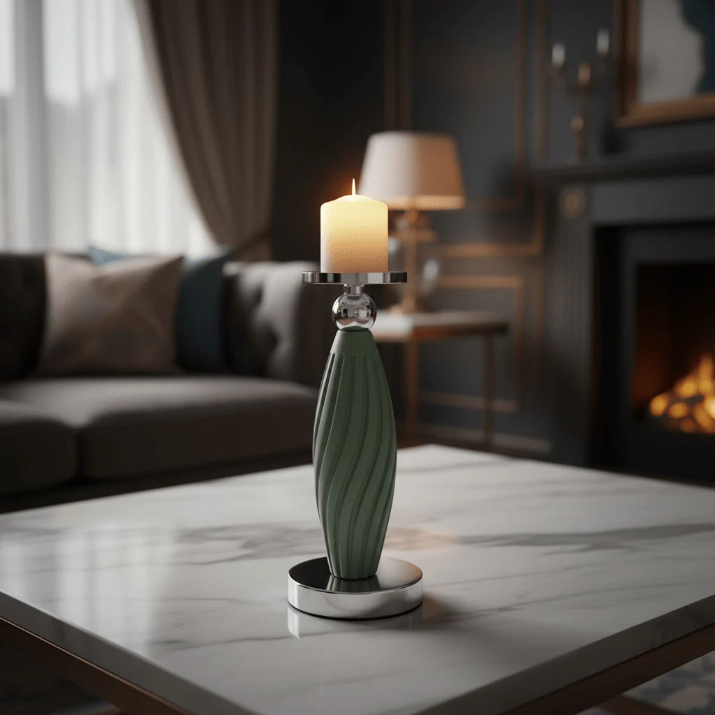 Sage Green Plastic & Metal Textured Pillar Candle Holder with Chrome Accents –  22.5cm - Image 2