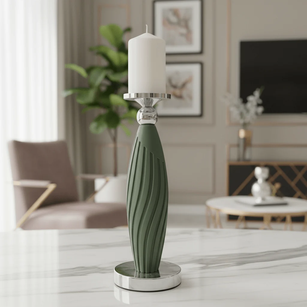 Sage Green Plastic & Metal Textured Pillar Candle Holder with Chrome Accents  – 29cm - Image 2