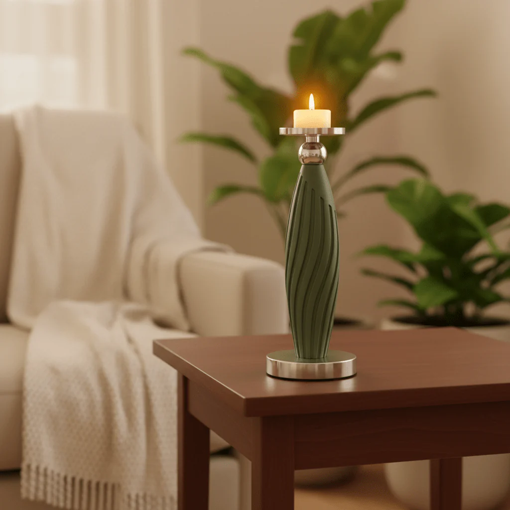 Sage Green Plastic & Metal Textured Pillar Candle Holder with Chrome Accents  – 29cm - Image 3