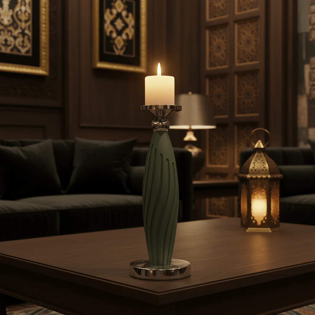 Sage Green Plastic & Metal Textured Pillar Candle Holder with Chrome Accents  – 29cm - Image 4