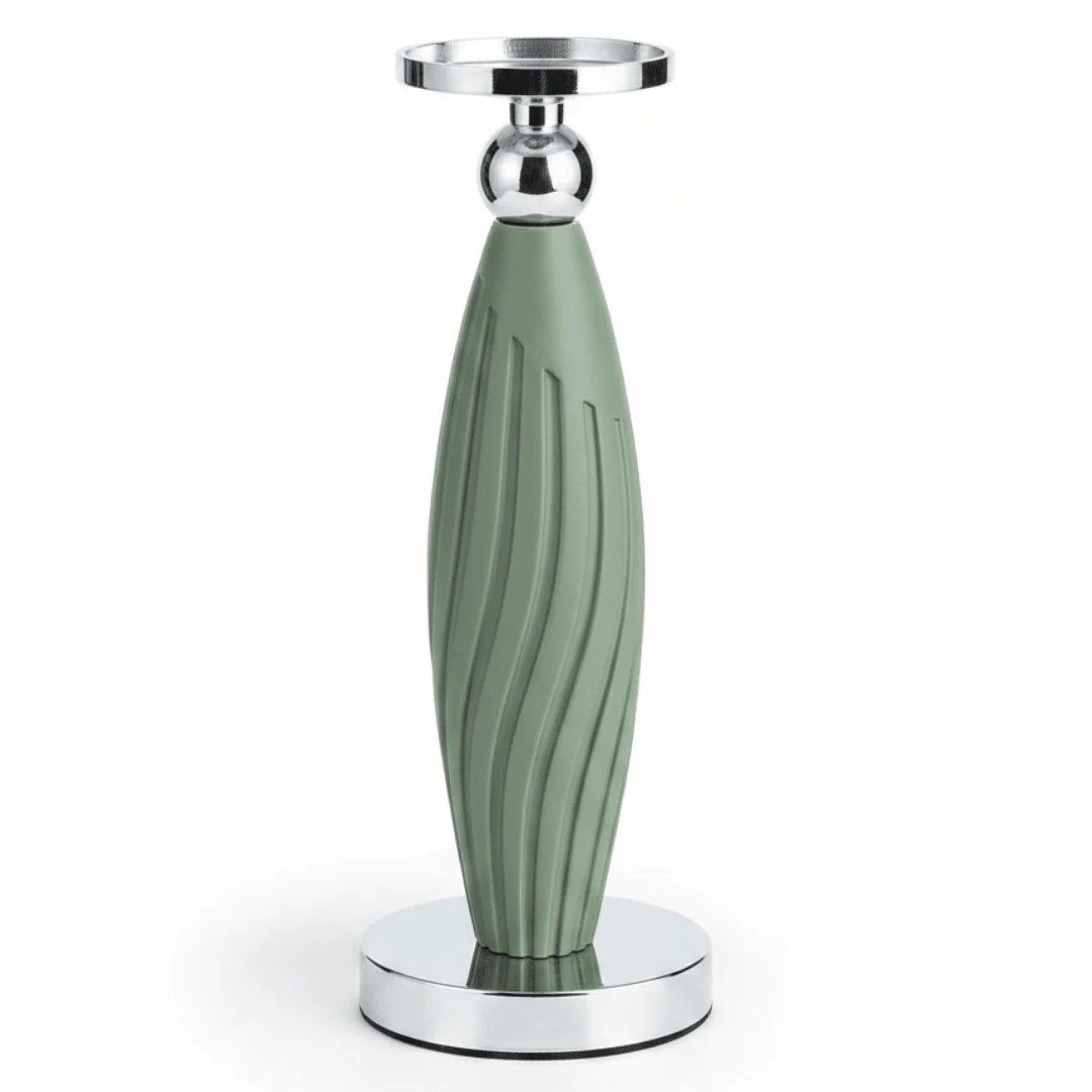 Sage Green Plastic & Metal Textured Pillar Candle Holder with Chrome Accents  – 29cm