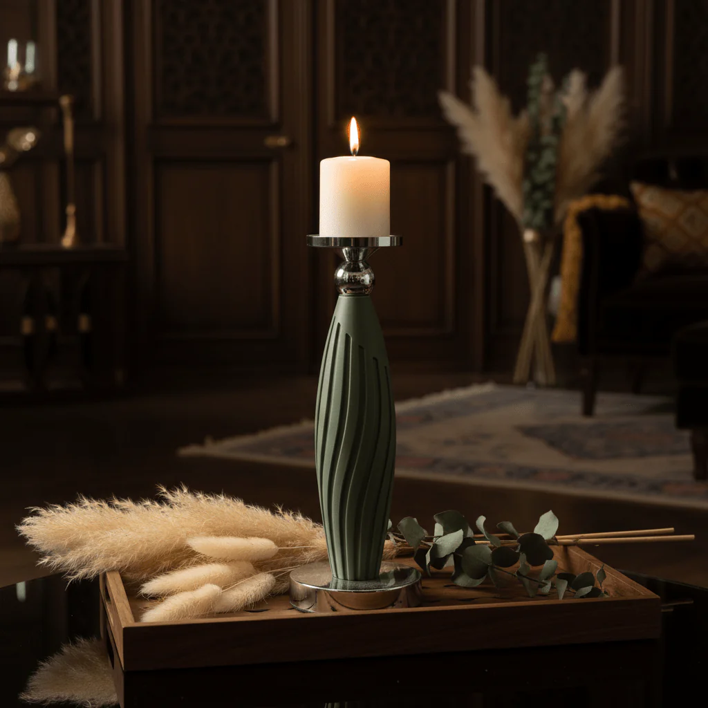 Sage Green Plastic & Metal Textured Pillar Candle Holder with Chrome Accents  – 29cm - Image 3