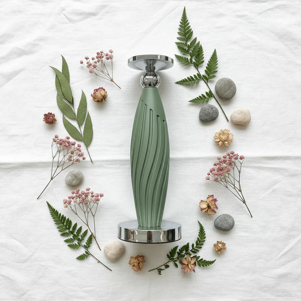 Sage Green Plastic & Metal Textured Pillar Candle Holder with Chrome Accents  – 29cm - Image 4