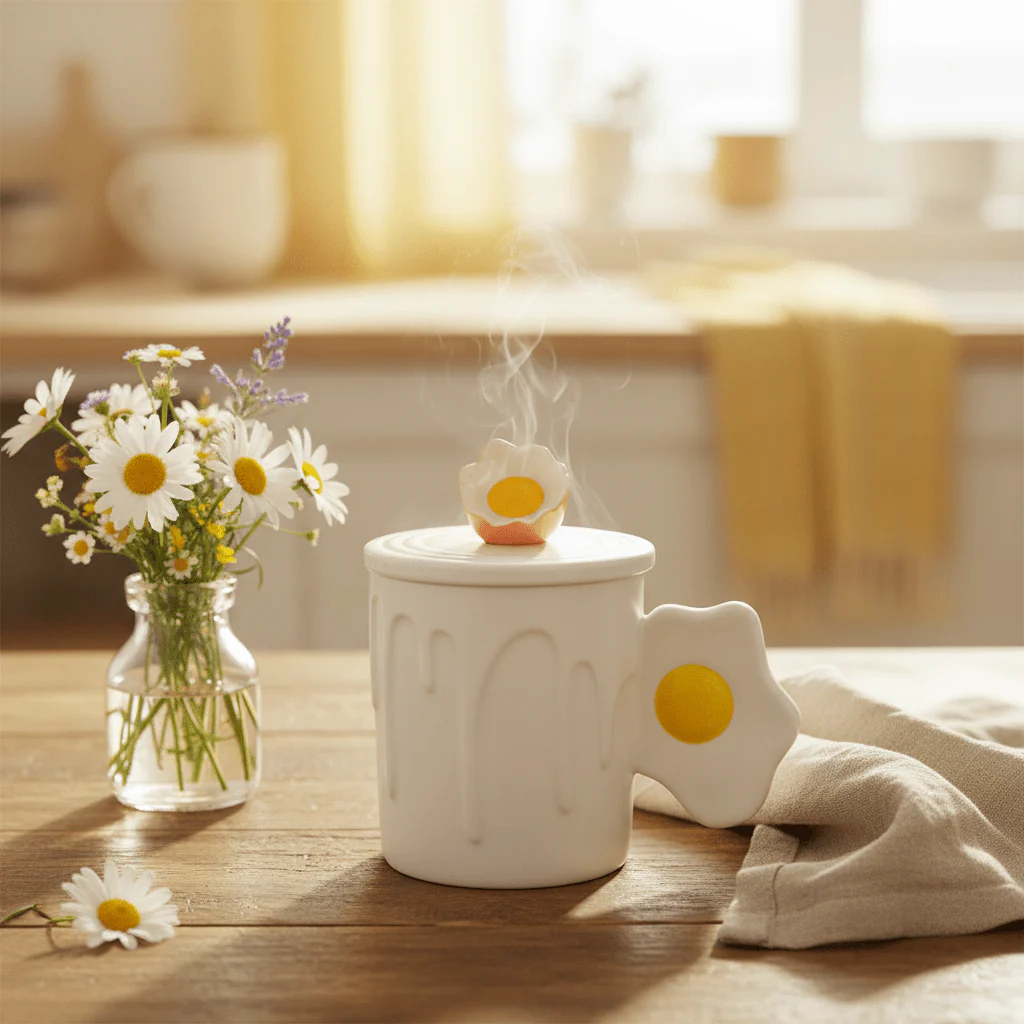 Daisy Ceramic Mug With Lid  — Elegant Embossed Design | 350ml - Image 2