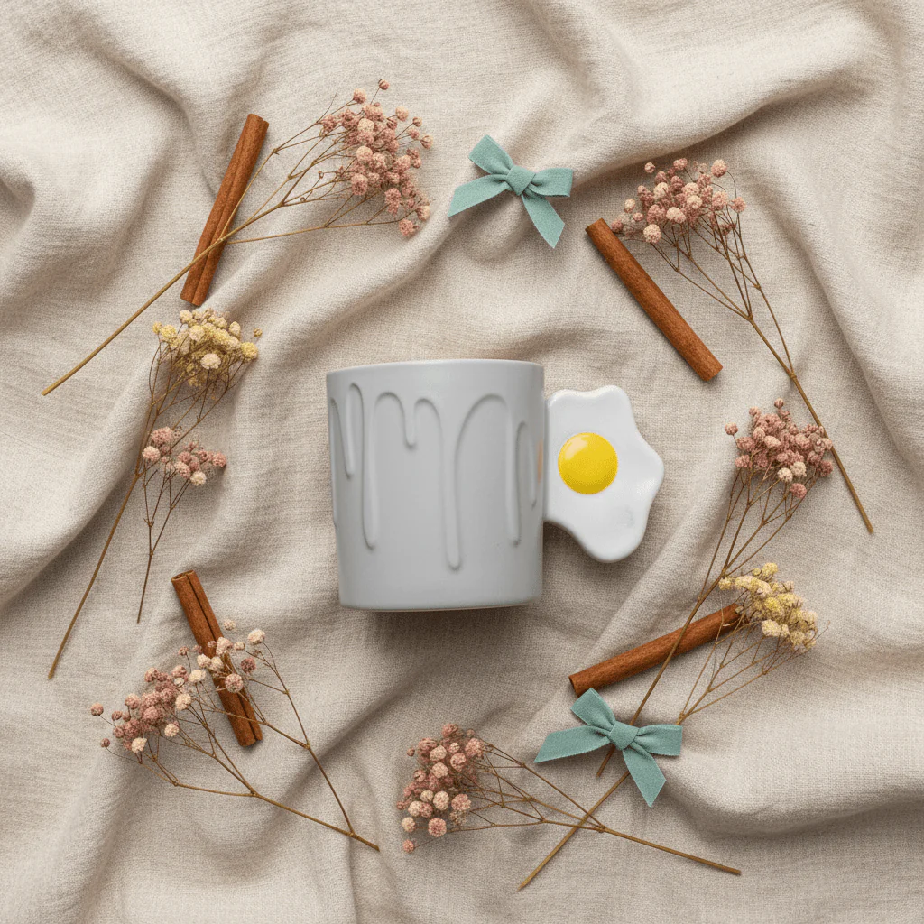 Daisy Ceramic Mug With Lid  — Elegant Embossed Design | 350ml - Image 3