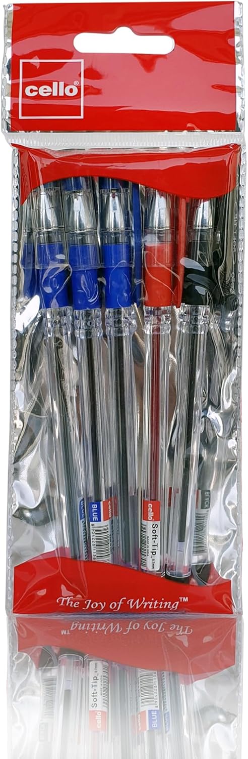 Cello Soft Tip Ball Pen 0.7mm | 5-Piece Assorted Set (3 Blue, 1 Black, 1 Red)