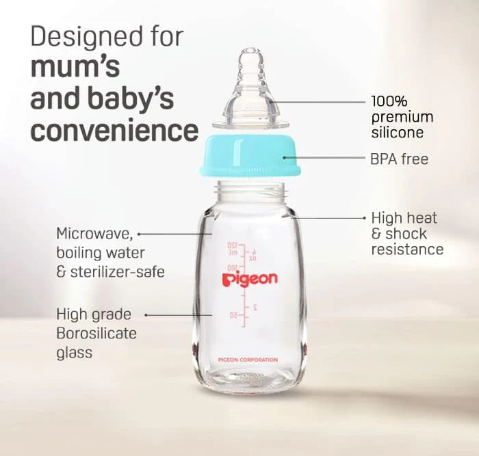Pigeon Slim Neck Glass Feeding Bottle, White Cap, Ultra Soft Silicone Nipple, Anti-Colic, Durable & Long Lasting, BPA & BPS Free, Assorted/Clear, 120ml - Image 2