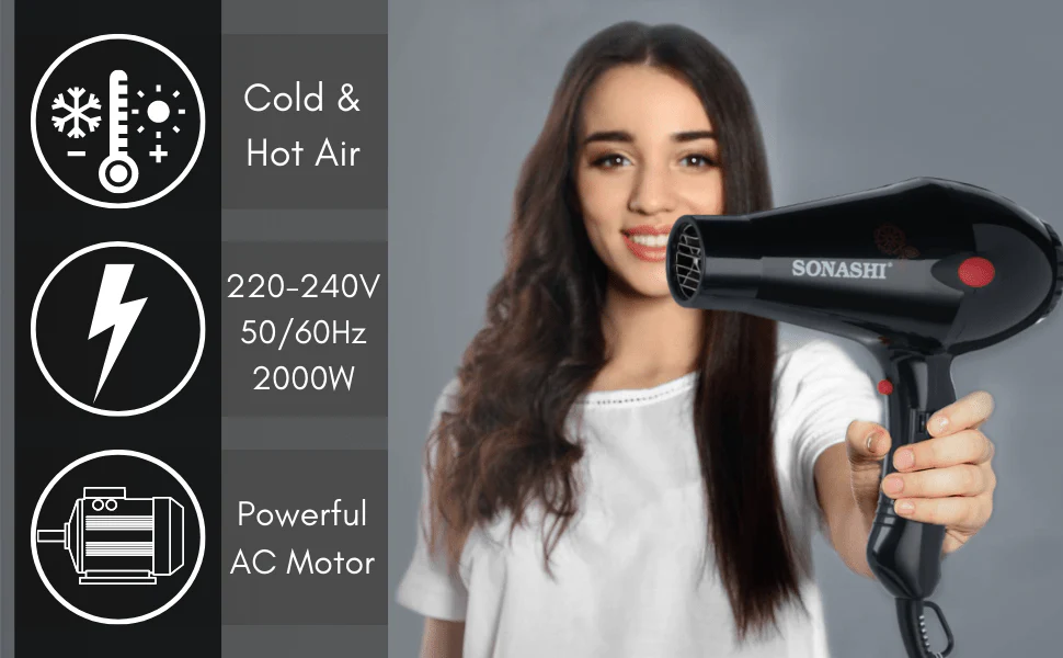 Sonashi Hair Dryer with Diffuser, Cold Hot Wind, 2 Heat and Airflow Settings, With Cool Shot, Diffuser, Nozzle for Fast Drying & Smooth Finish, Lightweight, For All Hair Types, 2000W SHD-3013 Black - Image 6