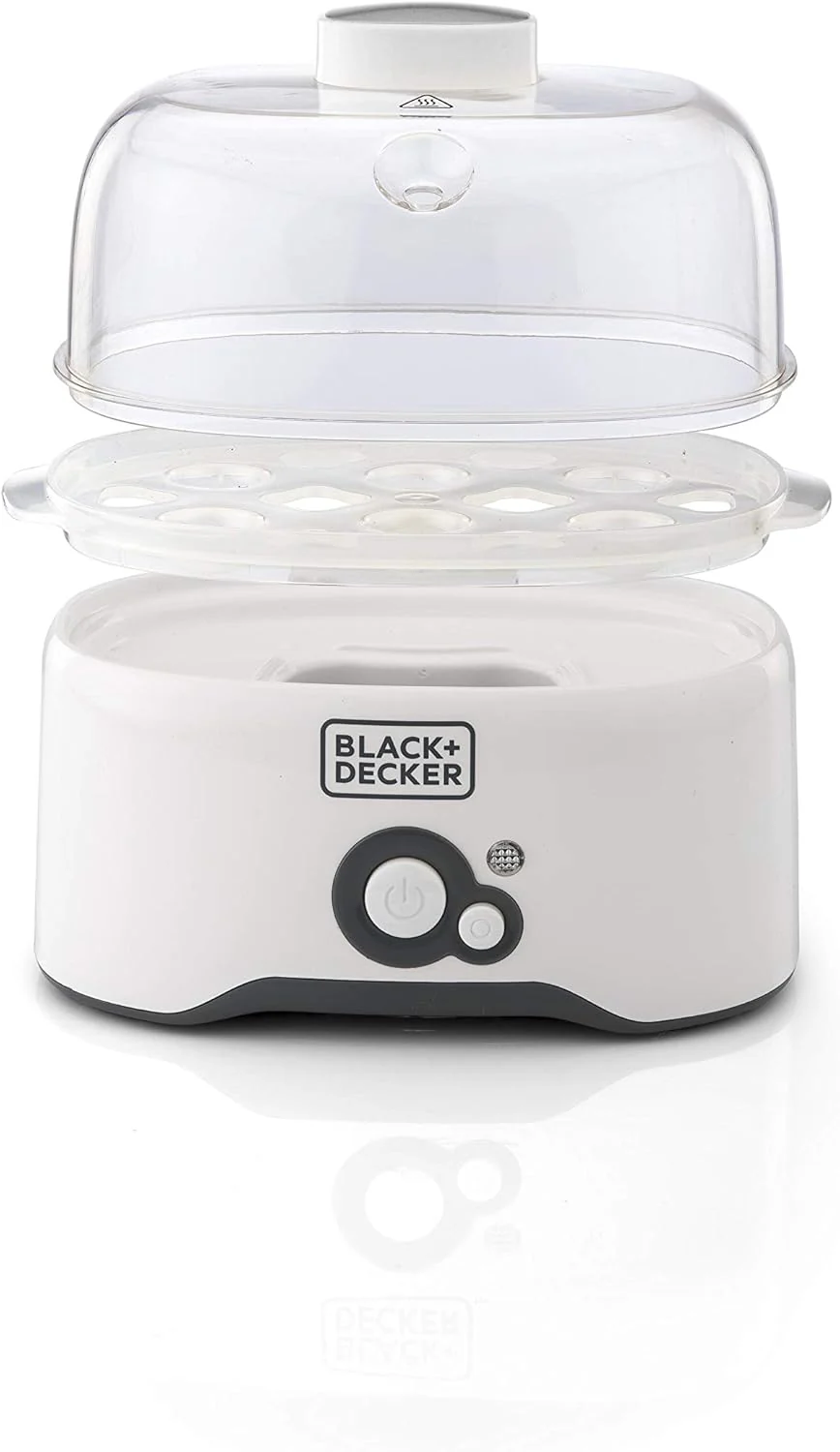Black & Decker 280w 6 piece egg cooker with cooking rack and 2 poaching pan dry boil auto shutoff protection transparent cover white body, for perfect eggs eg200-b - Image 3