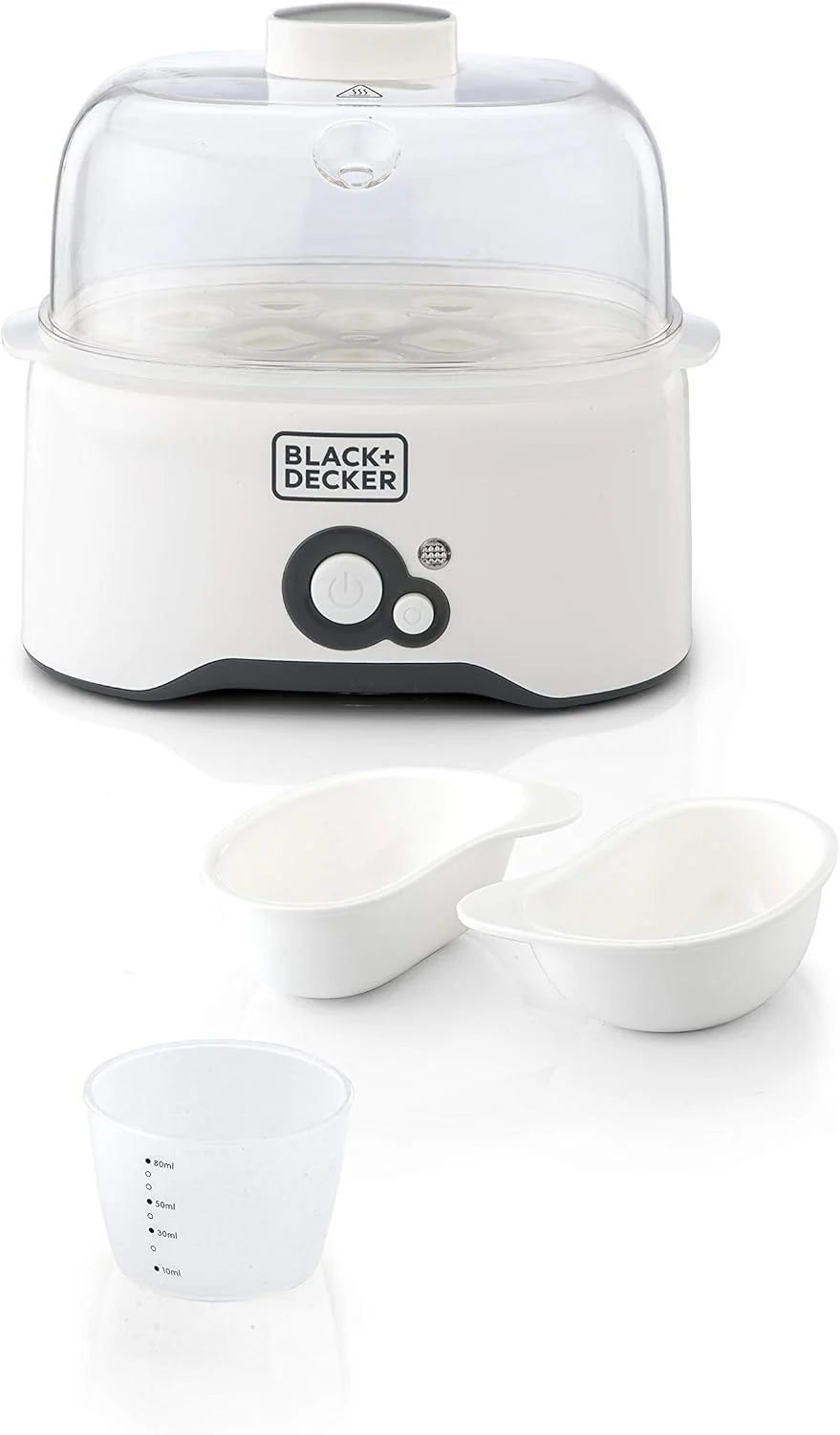Black & Decker 280w 6 piece egg cooker with cooking rack and 2 poaching pan dry boil auto shutoff protection transparent cover white body, for perfect eggs eg200-b - Image 4