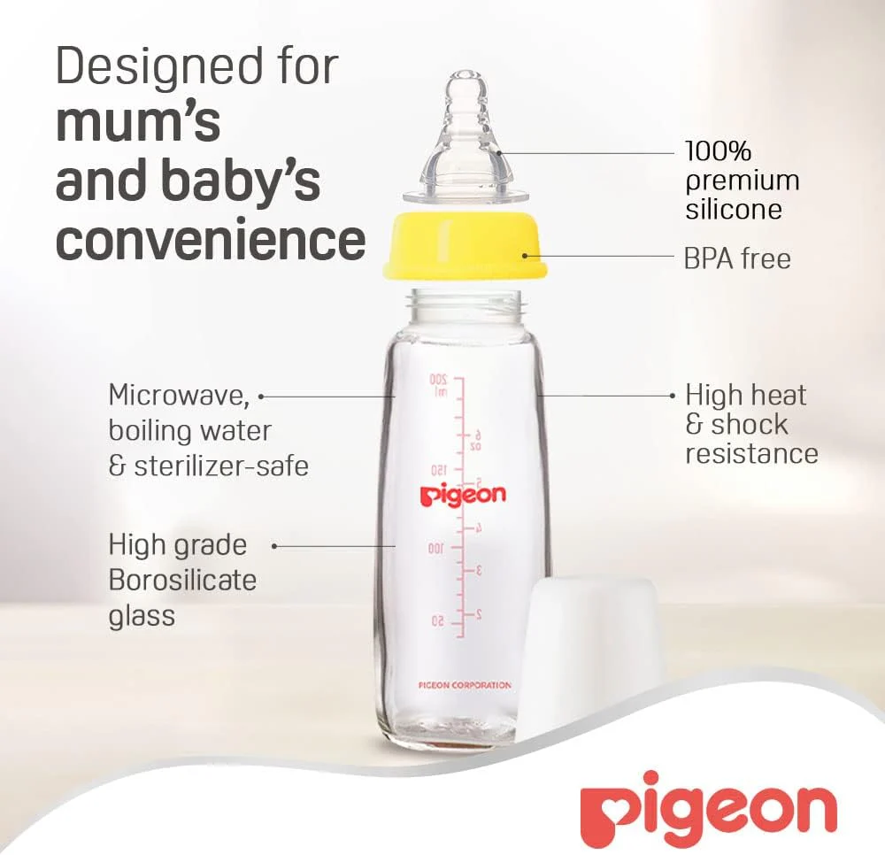 Pigeon Slim Neck Glass Feeding Bottle, White Cap, Ultra-Soft Silicone, Anti-Colic, Bpa & Bps Free, 200Ml, Multicolor - Image 4
