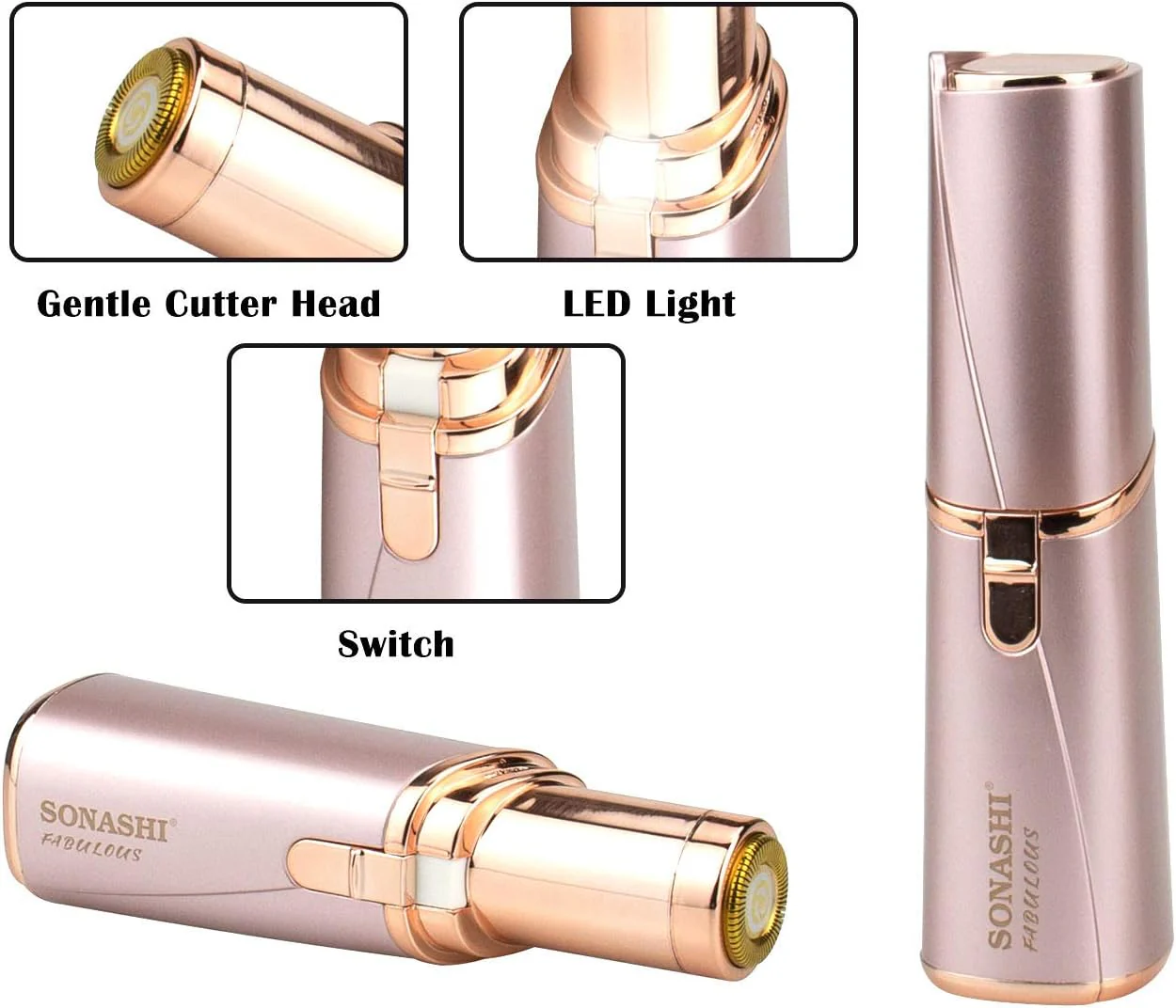 Sonashi Facial Hair Remover Battery Operated Instant And Painless Remover Gold Plated Head With InBuilt LED Light Black Tray And Plastic Hanging Loop SLD-822 Rose Gold - Image 4