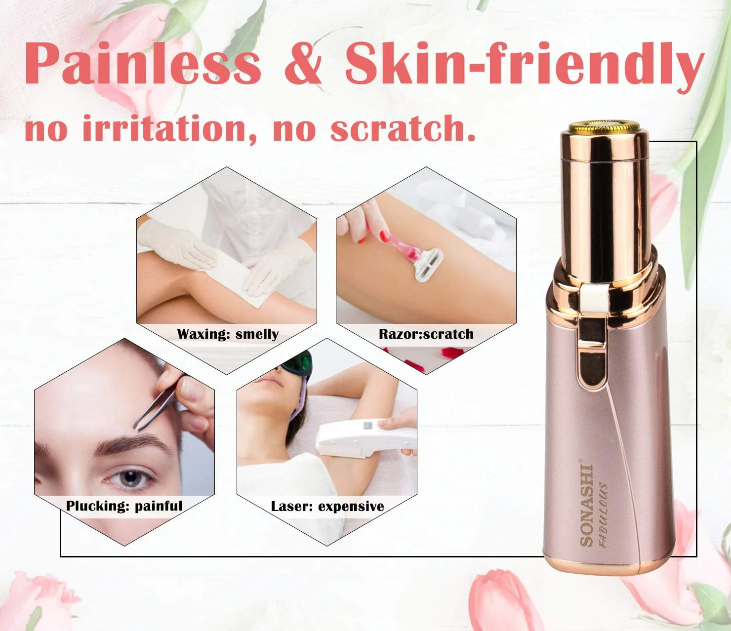 Sonashi Facial Hair Remover Battery Operated Instant And Painless Remover Gold Plated Head With InBuilt LED Light Black Tray And Plastic Hanging Loop SLD-822 Rose Gold - Image 5