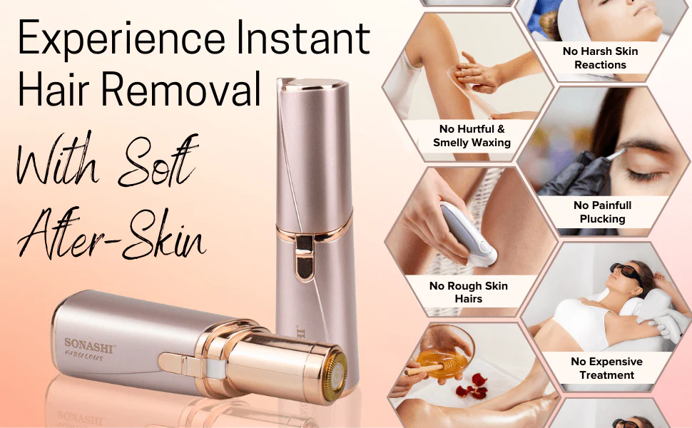 Sonashi Facial Hair Remover Battery Operated Instant And Painless Remover Gold Plated Head With InBuilt LED Light Black Tray And Plastic Hanging Loop SLD-822 Rose Gold - Image 7