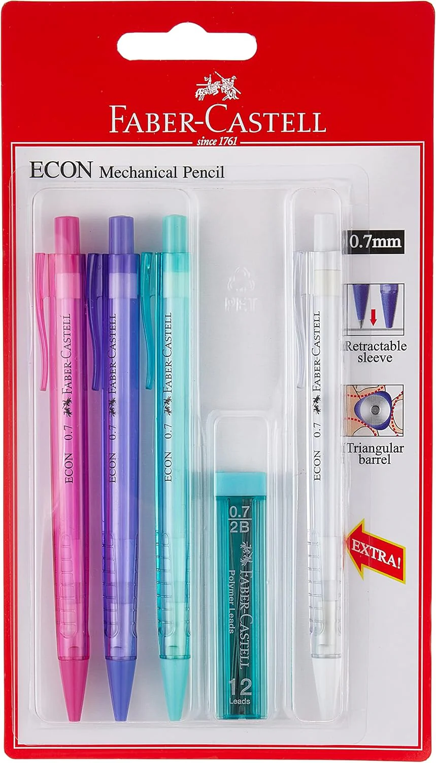 Faber-Castell ECON Mechanical Pencil 0.7mm – Pack of 3 + 1 Refill Tube, Multicolor