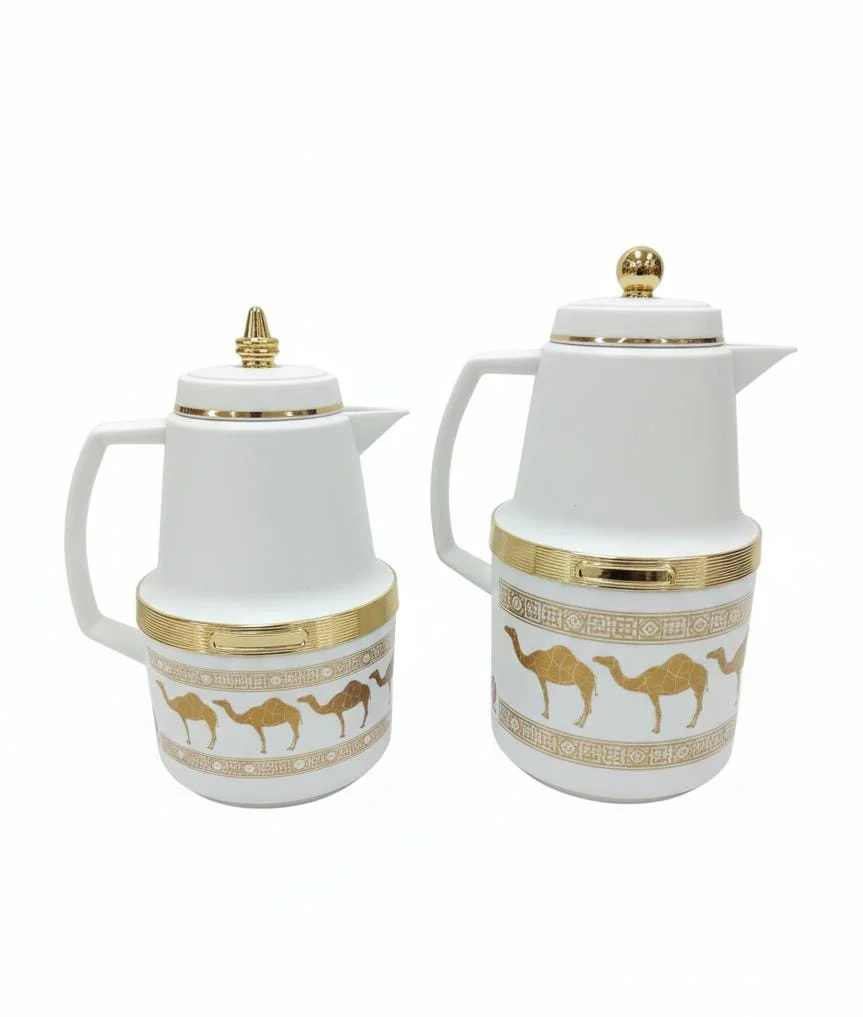 Hamid Double Set Vacuum Flask 0.7L & 1.0L – Elegant White with Gold and Camel Print Design for National Celebrations