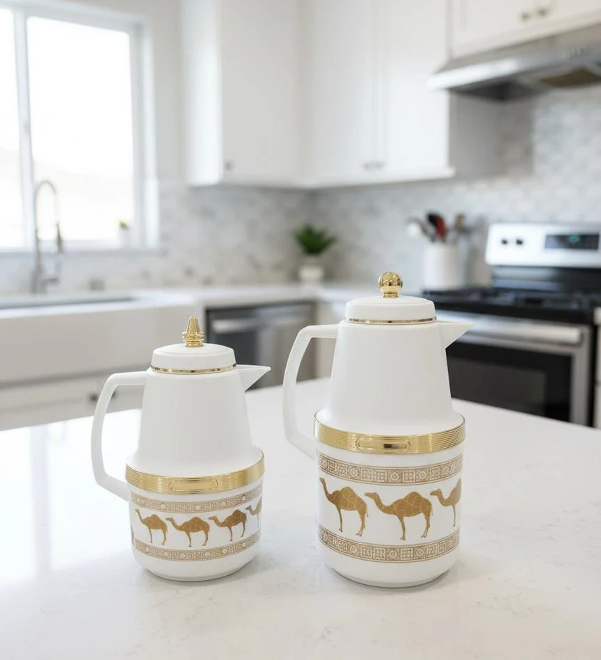 Hamid Double Set Vacuum Flask 0.7L & 1.0L – Elegant White with Gold and Camel Print Design for National Celebrations - Image 2