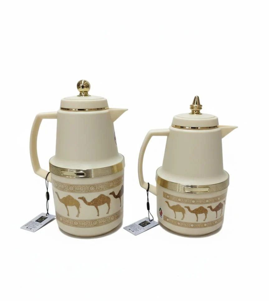 Hamid Double Set Vacuum Flask 0.7L & 1.0L – White and Cream Camel Print Edition for Traditional Arabic Style Serving