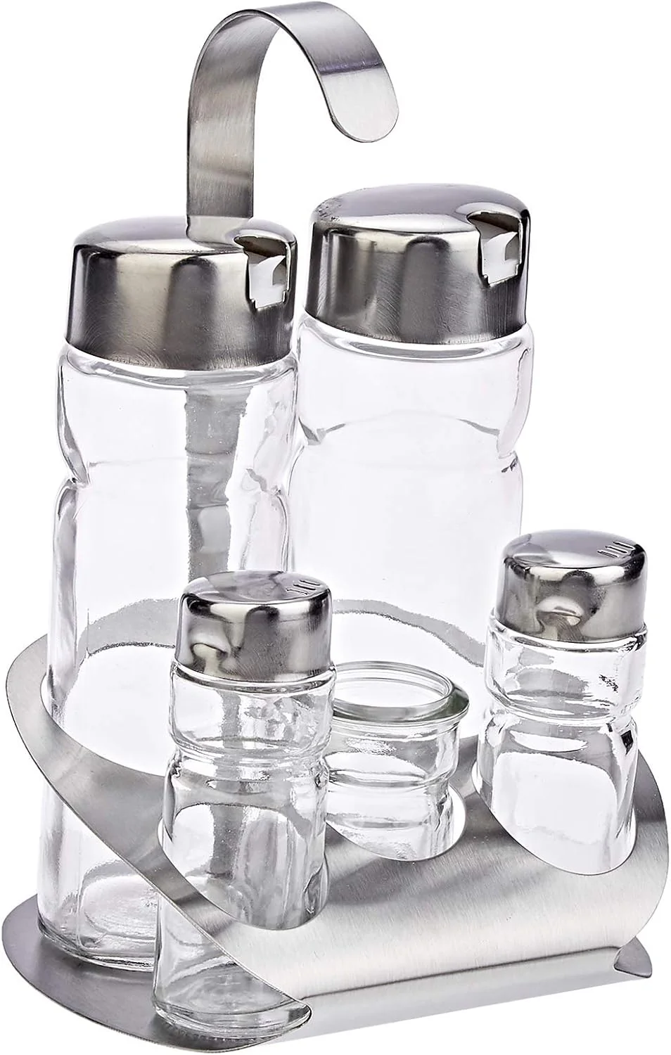 Harmony 83123 Salt And Pepper Shakers And Oil And Vinegar Bottles Set With Metal Stand Set - 5 Pieces - Clear - Image 2