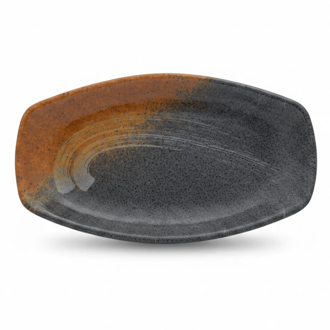 Harmony Oval Charcoal Grey Pattern Melamine Pizza Serving Plate Durable 24×18 cm