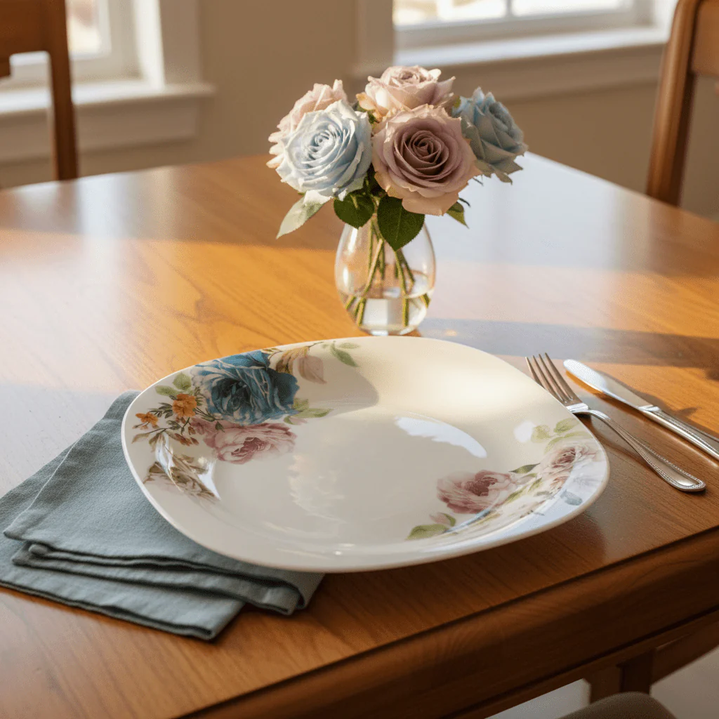 Harmony White Opalware Flat Dinner Plate with Floral Design - 11 Inch - Image 3