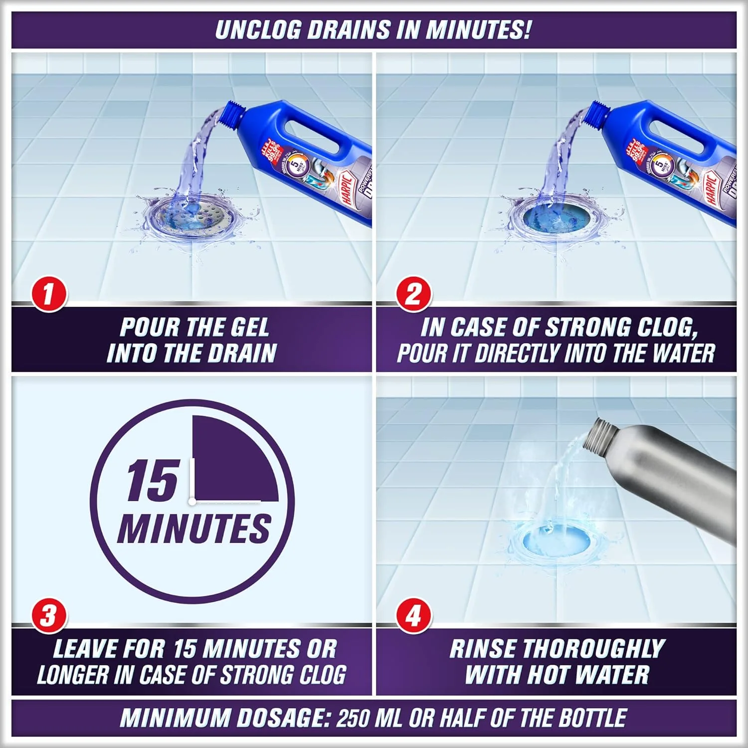 Harpic Powerful Drain Opener Gel for Bathroom, Basins, Toilet & Kitchen Drains, 1L - Image 3