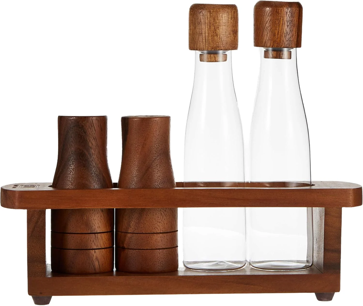 Billi Wooden Oil, Vinegar, Salt & Pepper Canister Set — 4-Piece Dining Condiment Set with Acacia Wood Tray 7*26*21 cm - Image 2