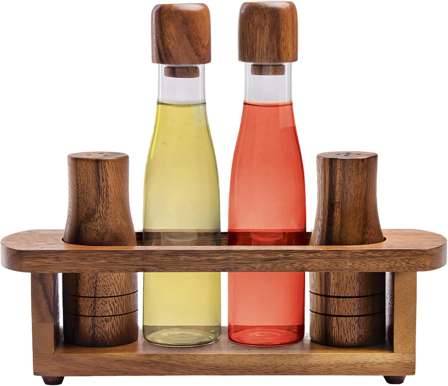 Billi Wooden Oil, Vinegar, Salt & Pepper Canister Set — 4-Piece Dining Condiment Set with Acacia Wood Tray 7*26*21 cm - Image 6