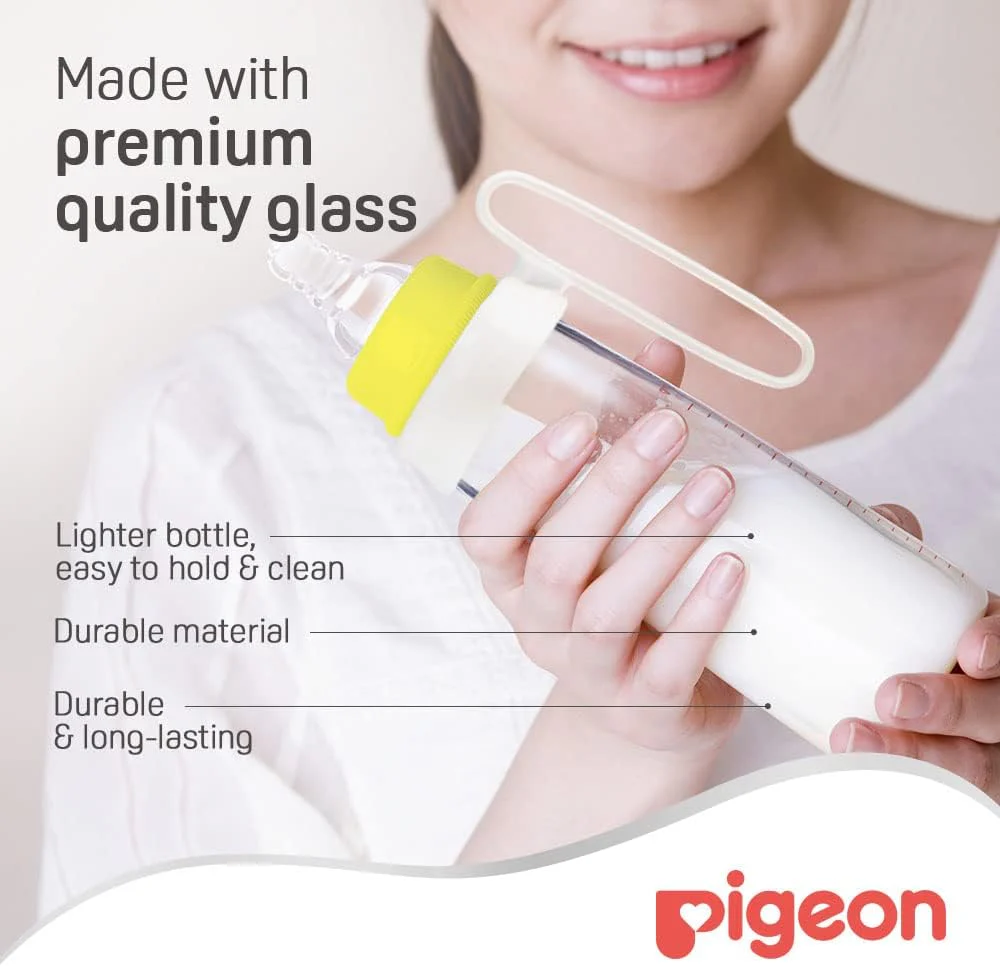 Pigeon Slim Neck Glass Feeding Bottle, White Cap With Handle, Ultra-Soft Silicone, Anti-Colic, Bpa & Bps Free, 240ml, Assorted Color - Image 4