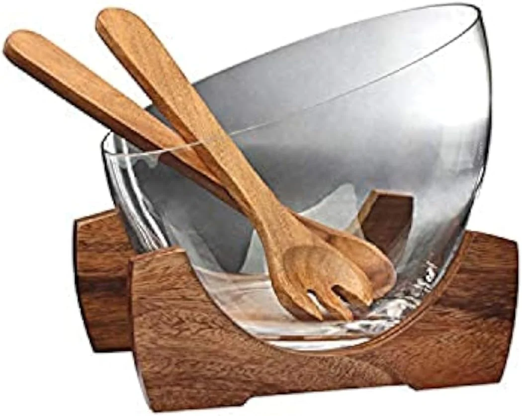 Billi Glass Salad Bowl with Acacia Wood Stand & Servers – 25.7×23.5 cm