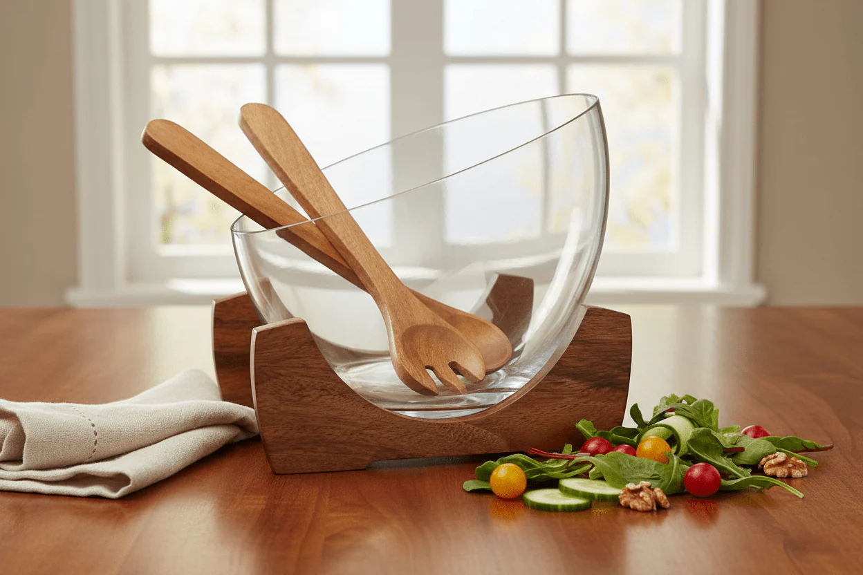 Billi Glass Salad Bowl with Acacia Wood Stand & Servers – 25.7×23.5 cm - Image 4