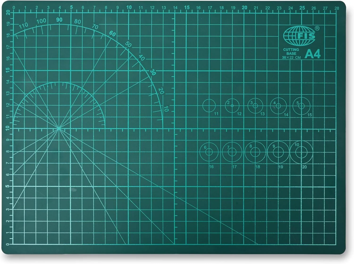 FIS Cutting Mat A4 (210x297mm)– Self-Healing Cutting Base with Grid, Angle & Ruler Lines | Green | FSCUA4N - Image 3
