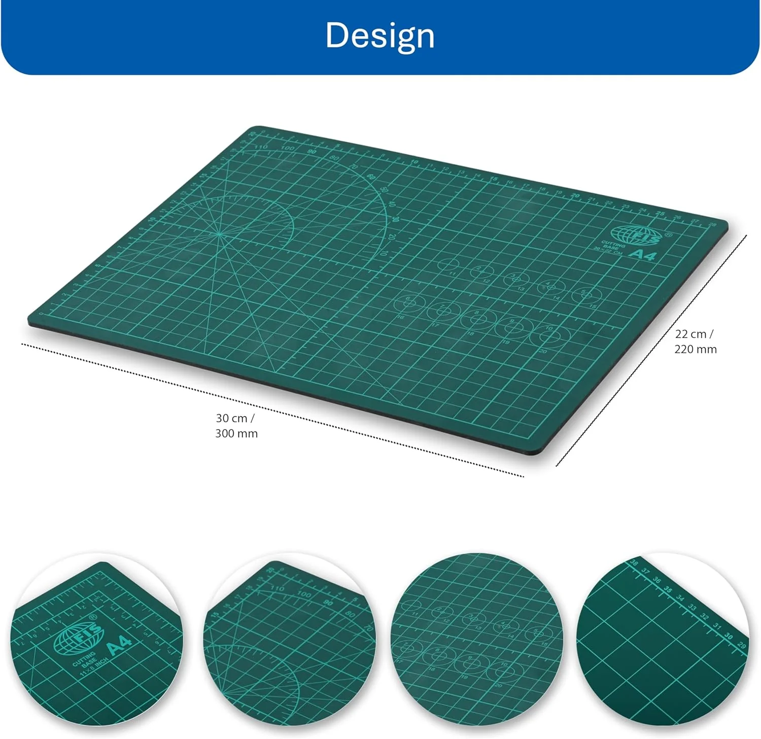 FIS Cutting Mat A4 (210x297mm)– Self-Healing Cutting Base with Grid, Angle & Ruler Lines | Green | FSCUA4N - Image 4