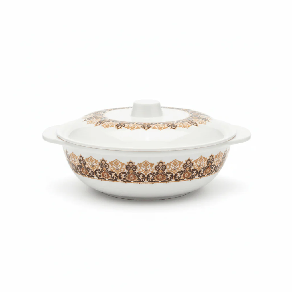 Henlee Melamine Serving Bowl With Lid-White with Gold & Brown -22cmX6cm