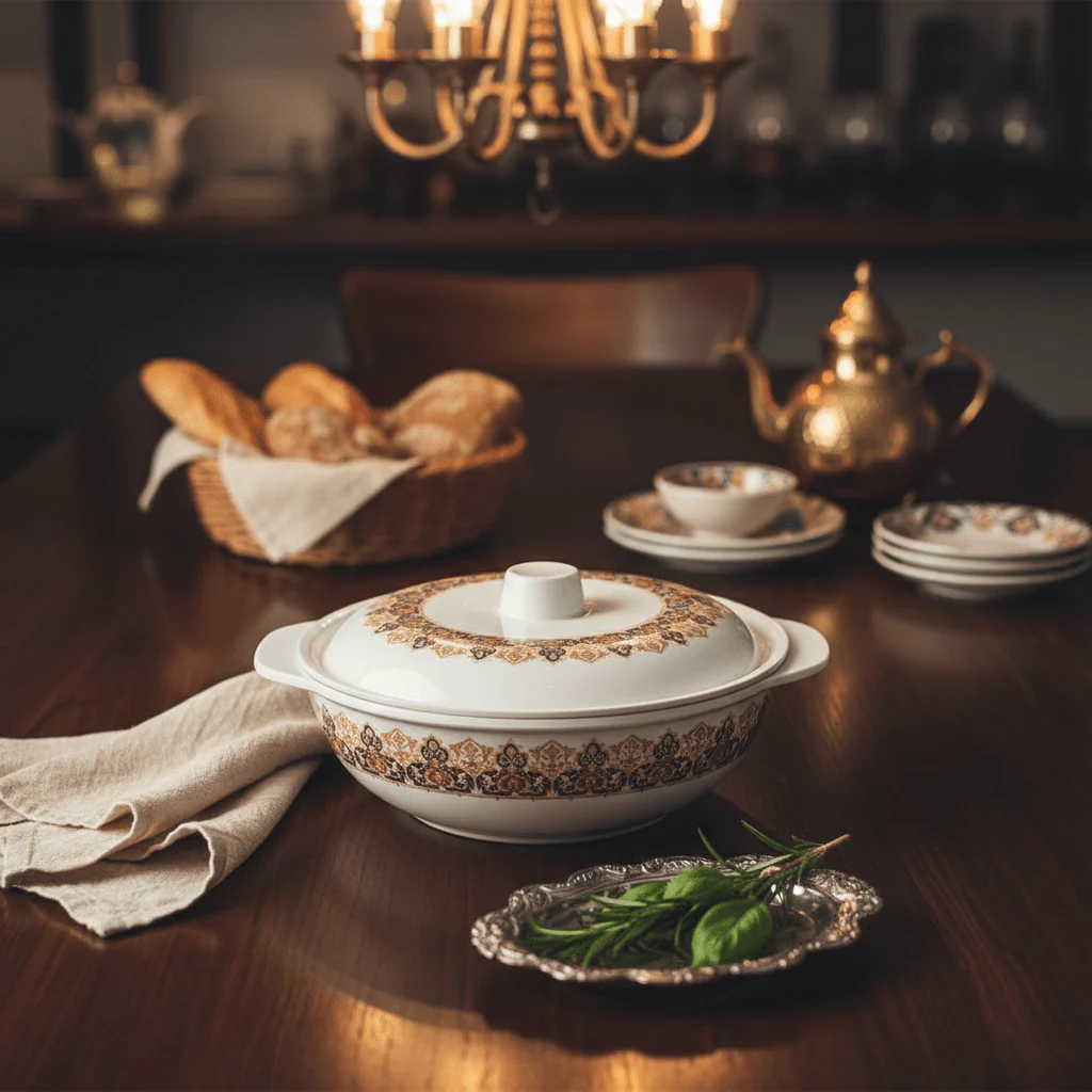 Henlee Melamine Serving Bowl With Lid-White with Gold & Brown -22cmX6cm - Image 2
