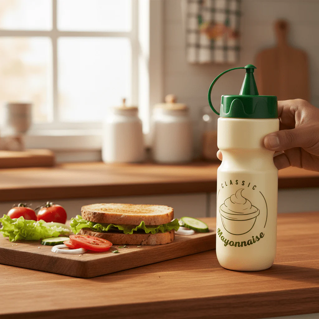 Herevin Plastic Classic Mayonnaise Dispenser Bottle Squeeze Bottle for Mayo, Sauces, and Condiments-660ml-Cream Body With Green Cap - Image 2