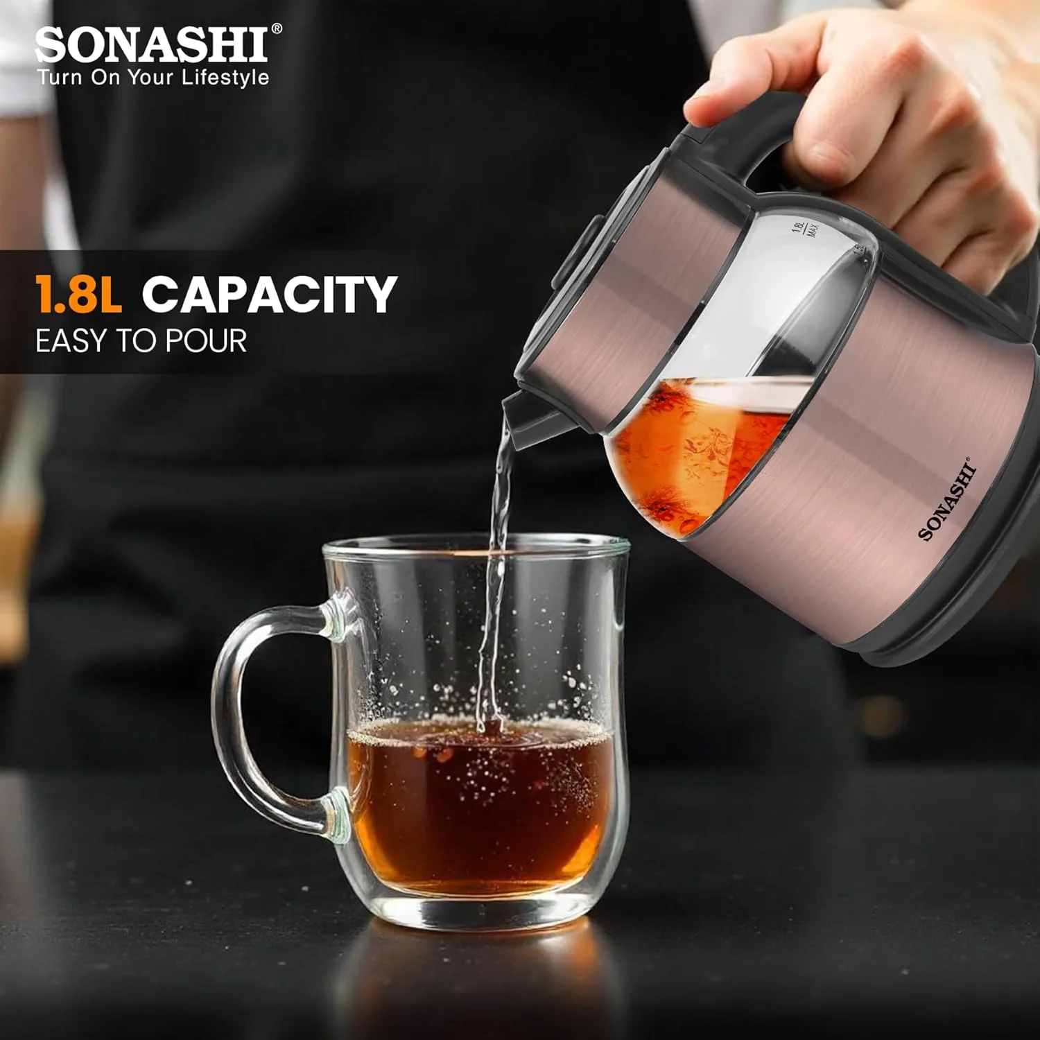 Sonashi 1.8L Cordless Kettle with Boil-Dry Protection, 360° Rotation with Concealed Heating Element, Auto Off When Water Boils with Light Indicator, Kettle for Tea, Water, Noodles, 1500W SKT-1812 - Image 2