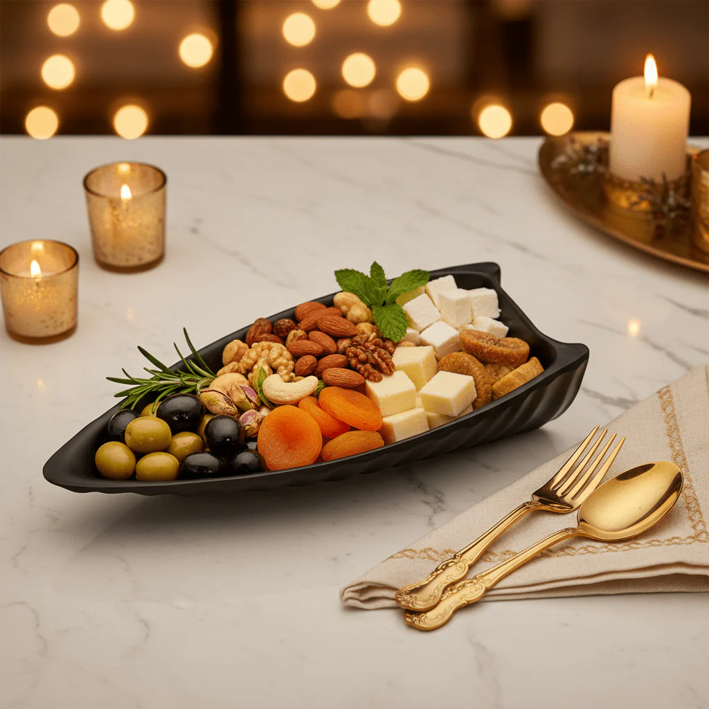 Hi-Luxe Black Melamine Leaf Snack Serving Plate 23 × 15 cm Stylish Leaf Design Plate for Serving Snacks Starters and Appetizers - Image 2