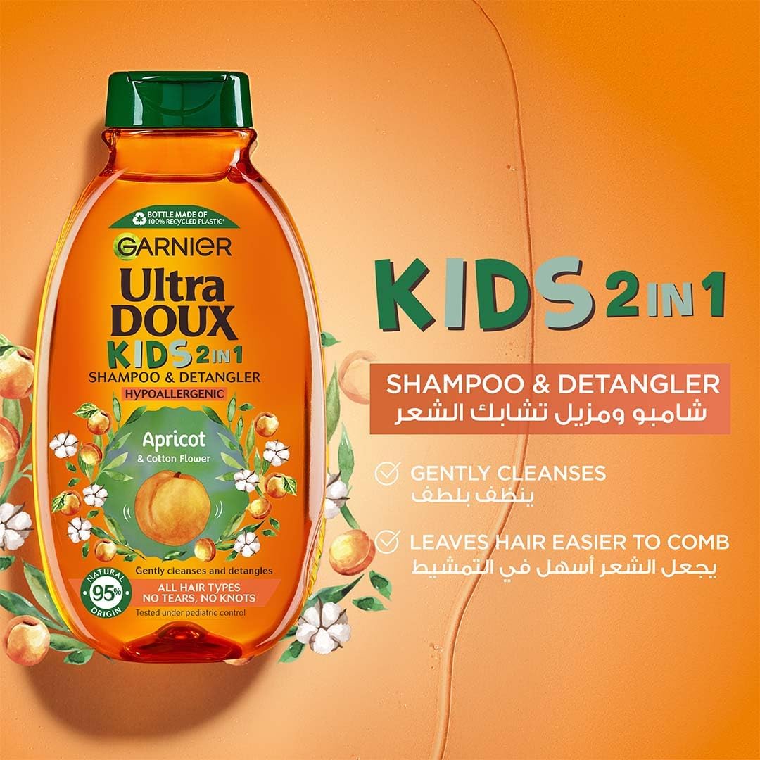 Garnier Ultra Doux Kids 2-in-1 Shampoo & Detangler – Apricot & Cotton Flower | Hypoallergenic | All Hair Types - Image 2