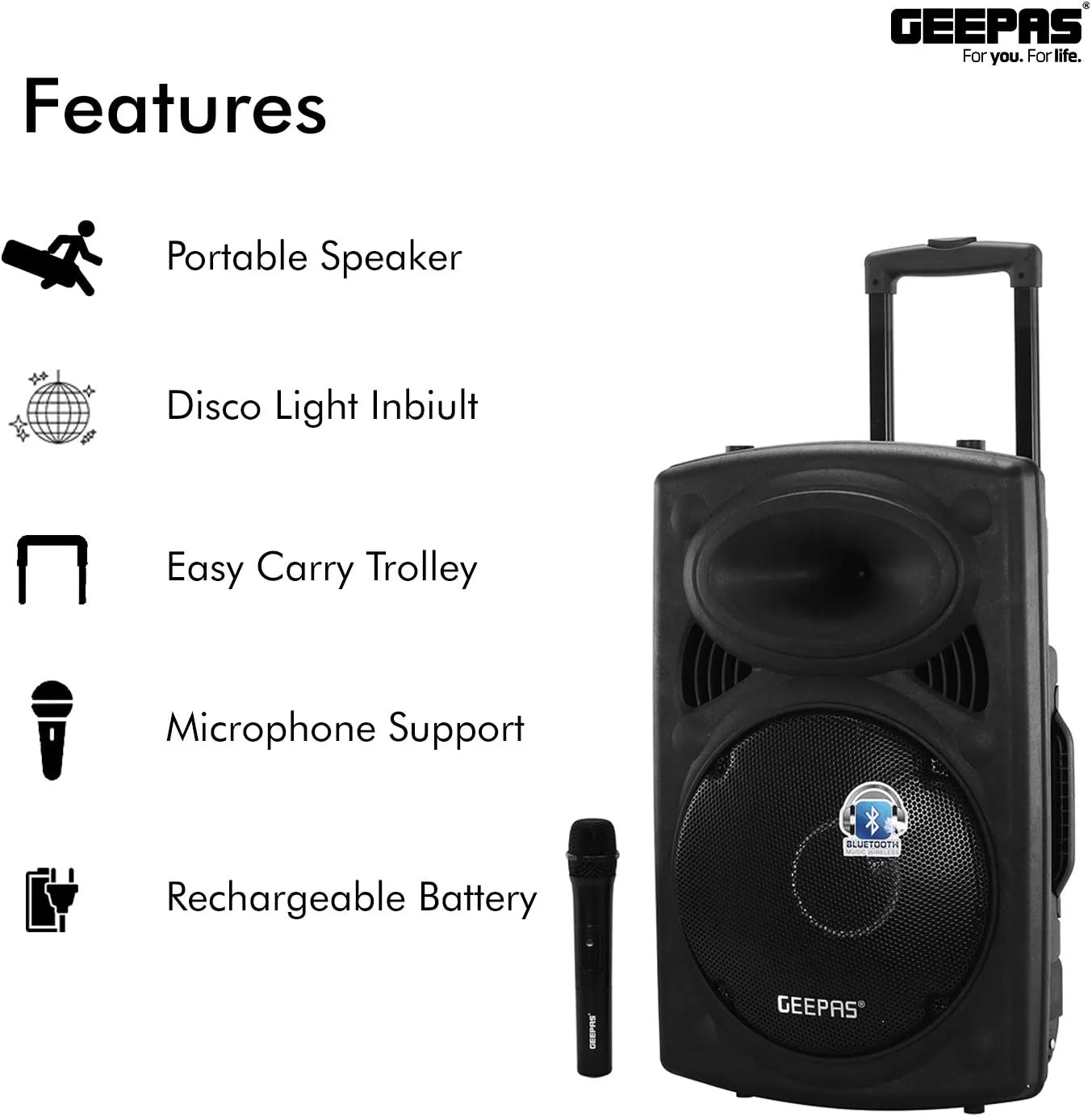 Geepas GMS8519 Rechargeable Trolley Bluetooth Speaker 40000W | 12" Woofer | with Wireless Microphones & LED Lights GMS8519 Geepas - Image 2