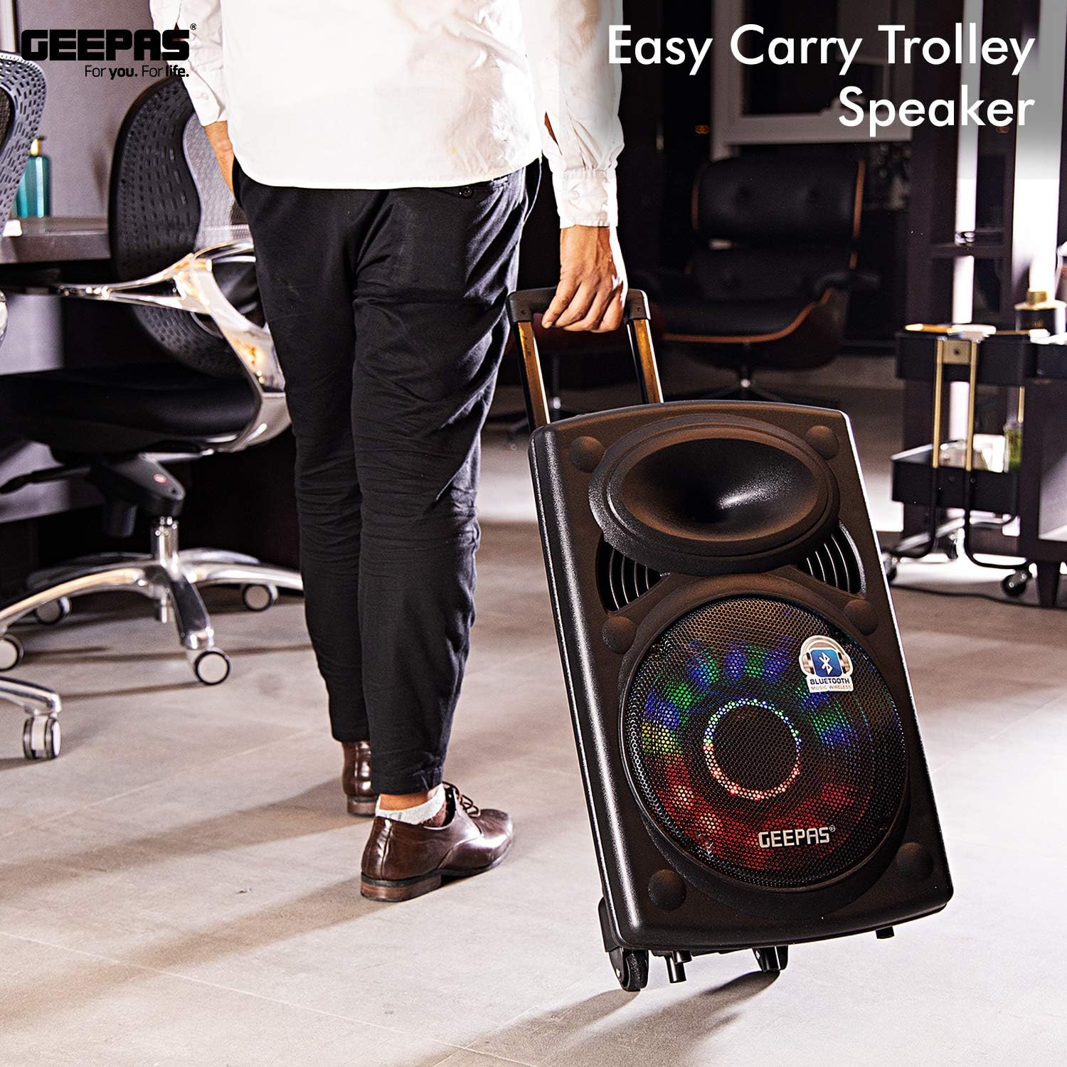 Geepas GMS8519 Rechargeable Trolley Bluetooth Speaker 40000W | 12" Woofer | with Wireless Microphones & LED Lights GMS8519 Geepas - Image 3