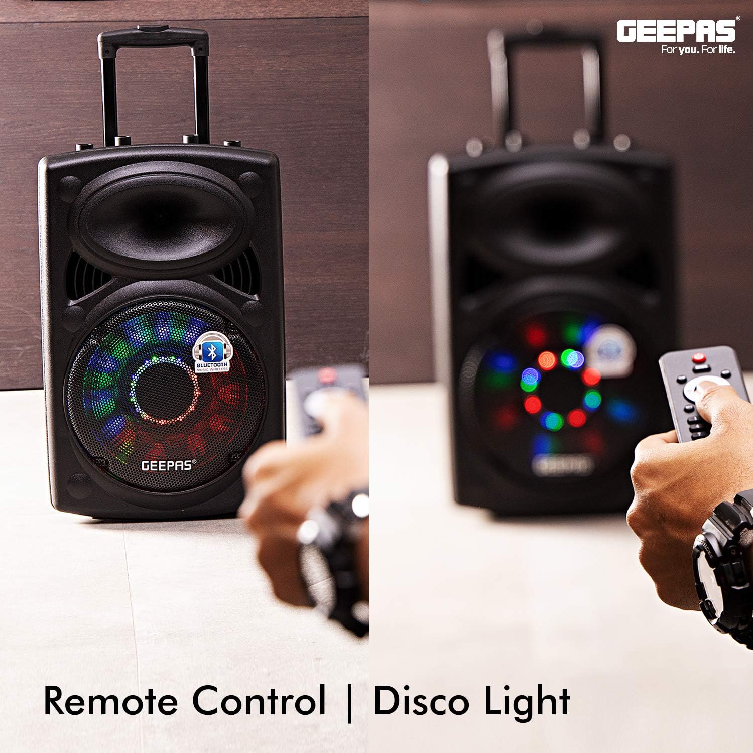 Geepas GMS8519 Rechargeable Trolley Bluetooth Speaker 40000W | 12" Woofer | with Wireless Microphones & LED Lights GMS8519 Geepas - Image 4