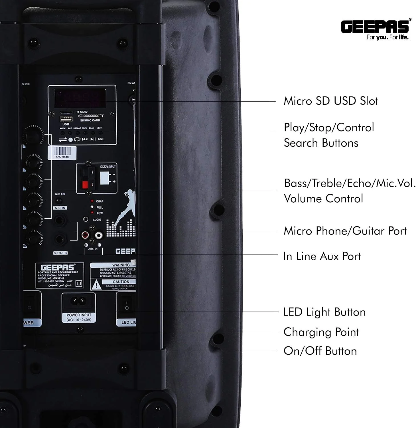 Geepas GMS8519 Rechargeable Trolley Bluetooth Speaker 40000W | 12" Woofer | with Wireless Microphones & LED Lights GMS8519 Geepas - Image 5