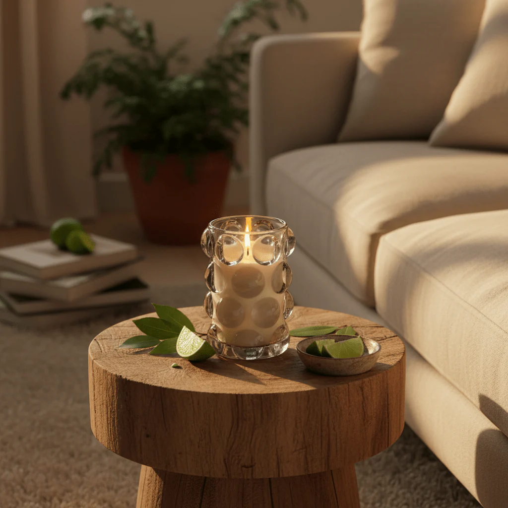 Home Fragrance Bay Leaf & Lime Refreshing Aromatic Candle with Glass Cup – 12 cm - Image 2