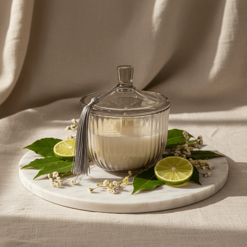 Home Fragrance Bay Leaf & Lime Refreshing Scented Candle with Premium Glass Jar – 10 cm - Image 2
