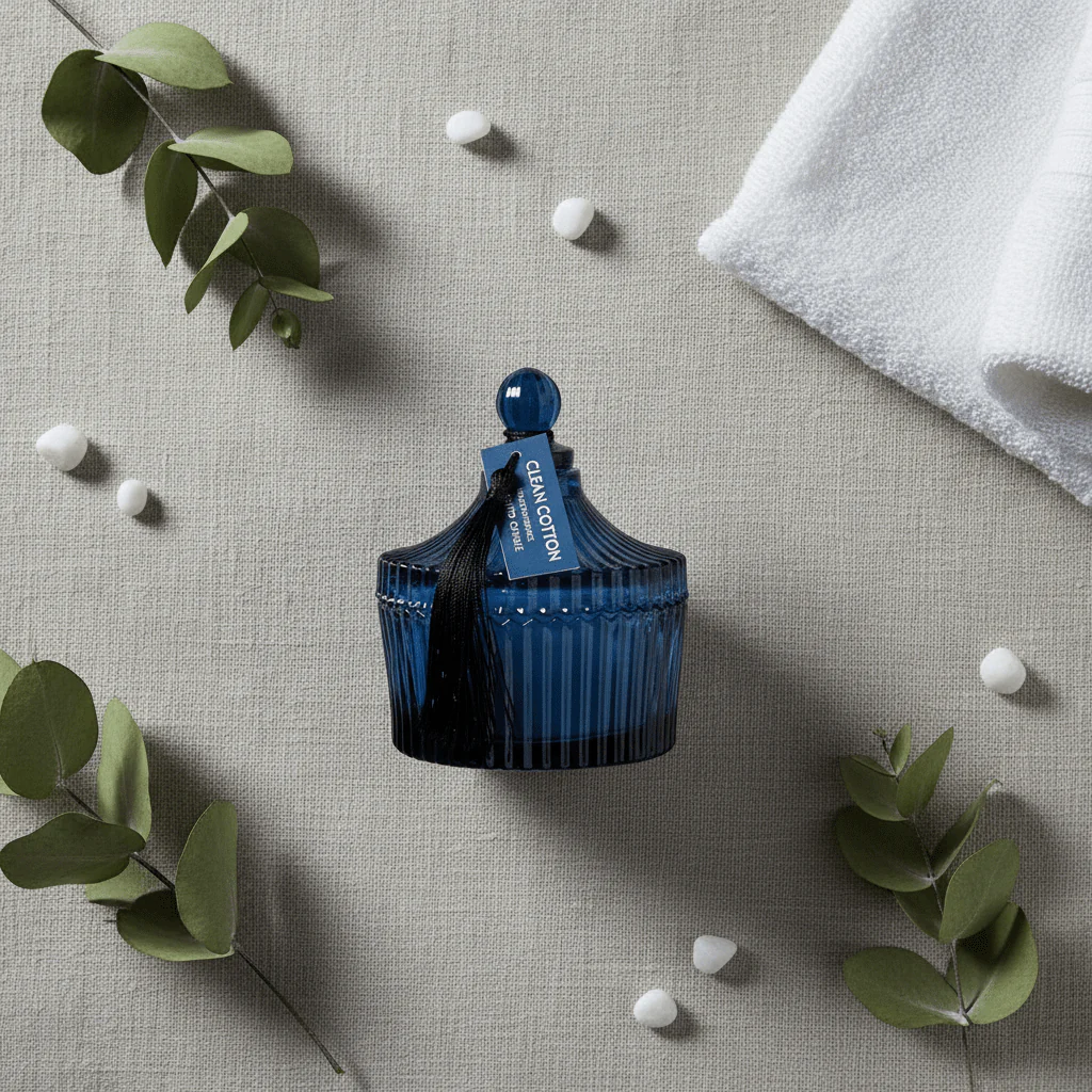 Home Fragrance Clean Cotton Fresh Aroma Scented Candle with Elegant Glass Jar – 10 cm - Image 3