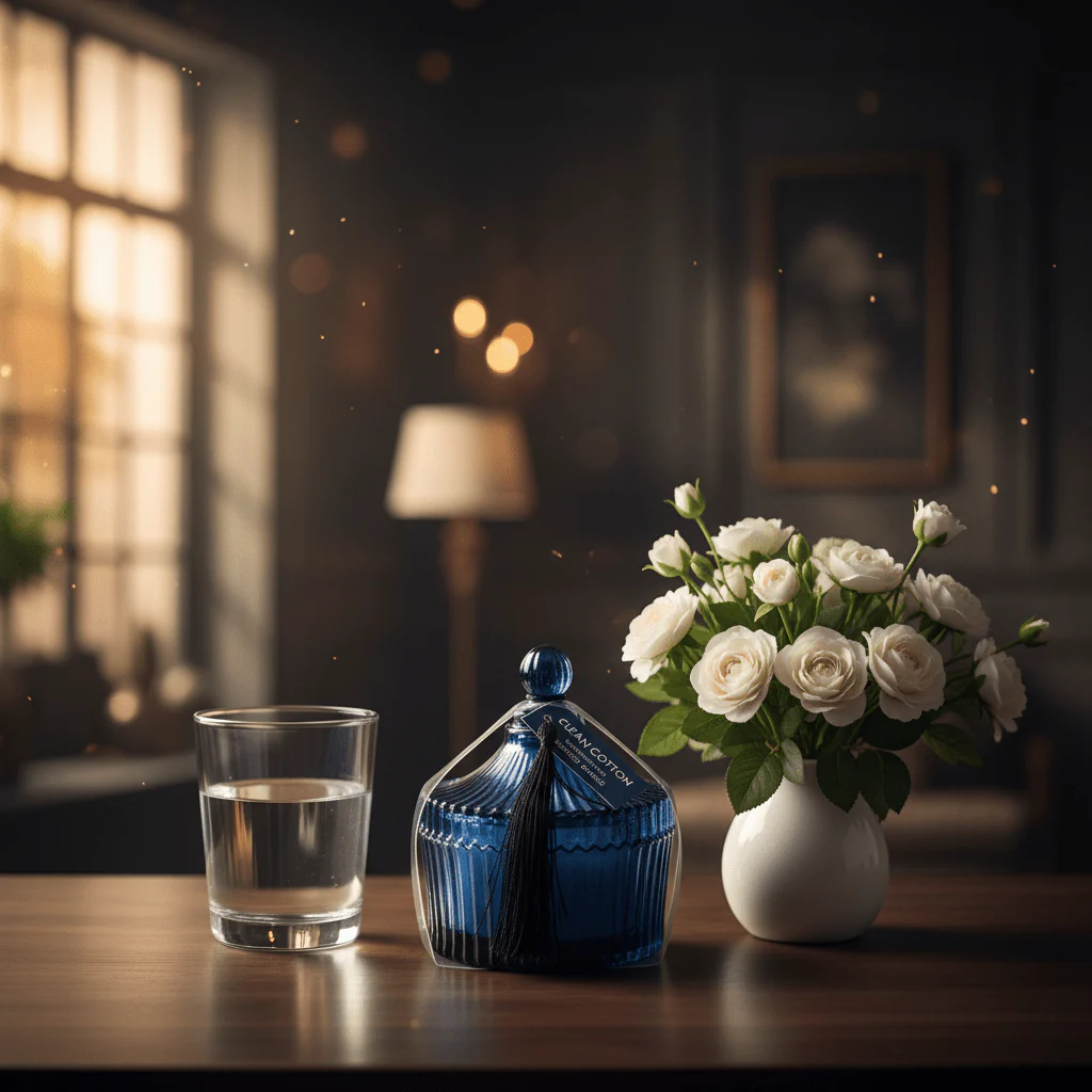 Home Fragrance Clean Cotton Fresh Aroma Scented Candle with Elegant Glass Jar – 10 cm - Image 4