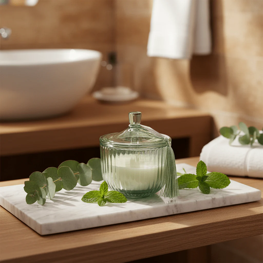 Home Fragrance Eucalyptus & Mint Aromatherapy Scented Candle with Elegant Glass Jar – 10 cm - Image 2